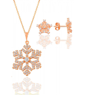 Silver Rose Zircon Stone Snowflake Necklace and Earring Set